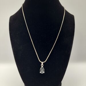 White Gold GP Teardrop Necklace Black Gray Stone 18” Silver Chain